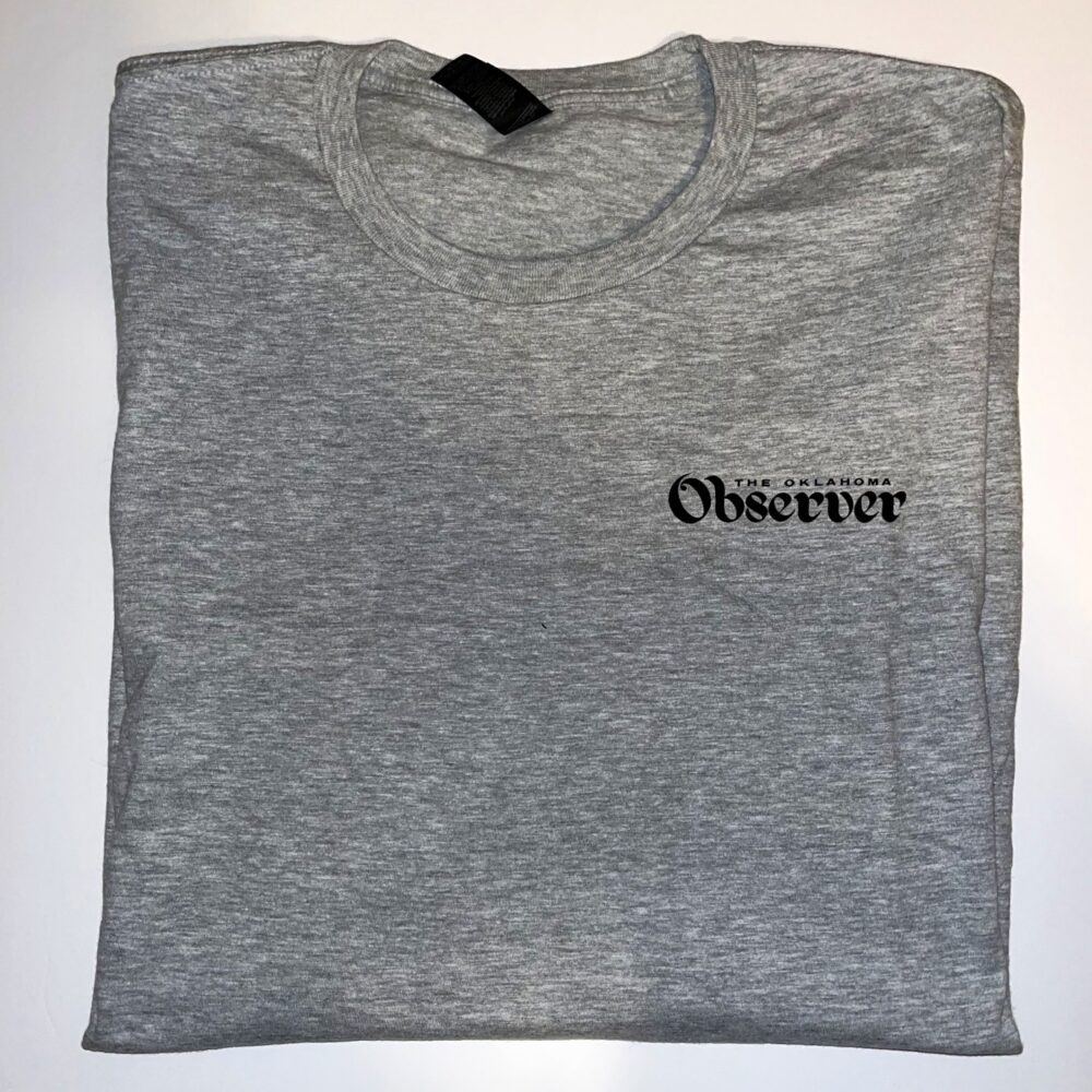 Front view of grey crewneck t-shirt with Oklahoma Observer logo on the left breast