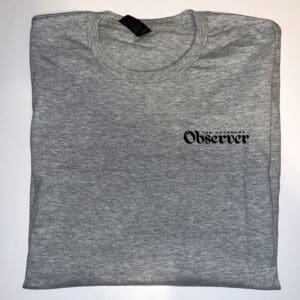 Front view of grey crewneck t-shirt with Oklahoma Observer logo on the left breast