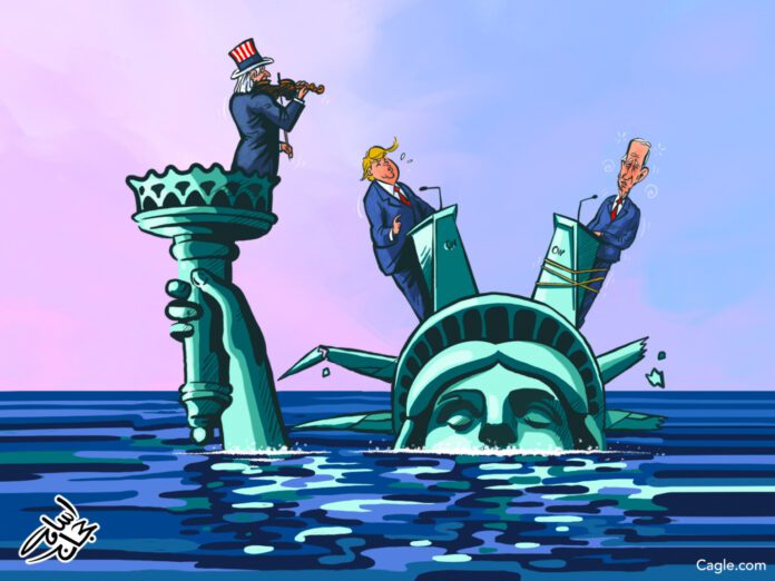 Donald Trump and Joe Biden stand at podiums atop Lady Liberty, who is sinking into the ocean, as Uncle Sam plays violin.