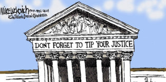 The Supreme Court of the United states with an inscription reading, "Don't forget to tip your justices."