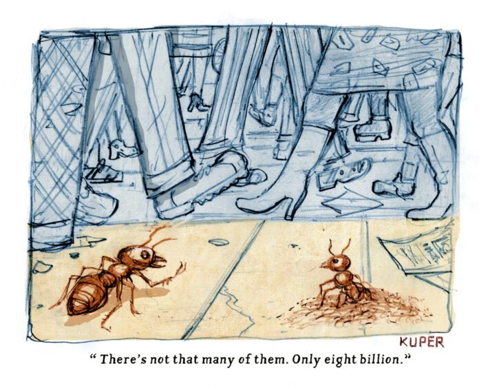 Two ants sit on a sidewalk, staring out at a sea of human legs. The caption reads, 