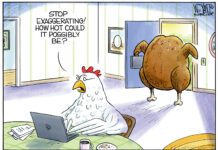 A chicken sits at a laptop, saying "Stop exaggerating! How hot could it possibly be?" Another chicken, roasted to golden perfection, stands silently in the background.