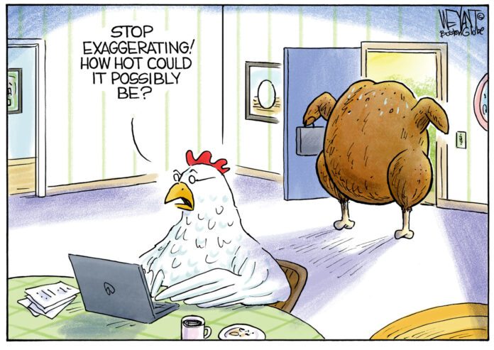 A chicken sits at a laptop, saying 