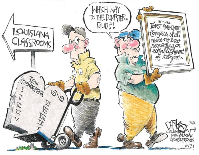 A man on the left headed to Louisiana Classrooms carts in Ten Commandments, while a man on the right carries The Constitution, asking 