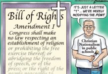 A man stands next to the Bill of Rights, where he has glued a cross in place of the "T." His shirt reads, "Christian Nationalism in public schools." A speech bubble above his head reads, "it's just a letter 'T', we're merely modifying the font."