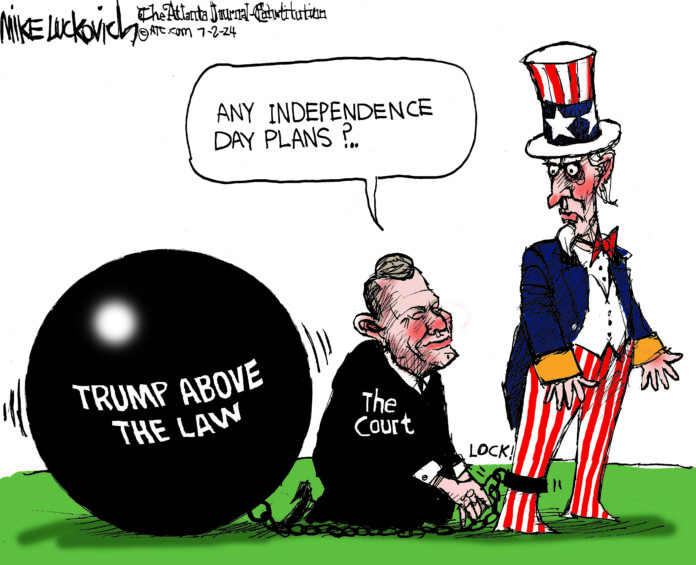 A kneeling judge attaches a ball and chain to Uncle Sam's ankle. The ball reads 