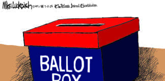 A simple blue and red Ballot Box, captioned "First Aid Kit for Democracy"