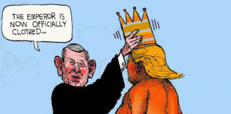 The Supreme Court places a crown atop the head of a stark naked Donald Trump. The court says "The emperor is now officially clothed."