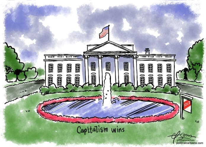 A drawing of the White House with a SOLD sign in the front yard. A caption reads, 