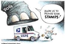A USPS truck sits, being fled by a postal worker. Looming in the air, an elephant's foot labelled "DOGE" threatens to crush the USPS. A speech bubble attached to the elephant reads, "Allow us to provide some stamps!"