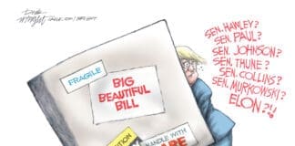 Donald Trump attempts to move a box, marked with stickers reading, "BIG BEAUTIFUL BILL," "Heavy," and "Handle with care." To his back, he calls out the names of Republican lawmakers that have voiced opposition to his Big Beautiful Bill.
