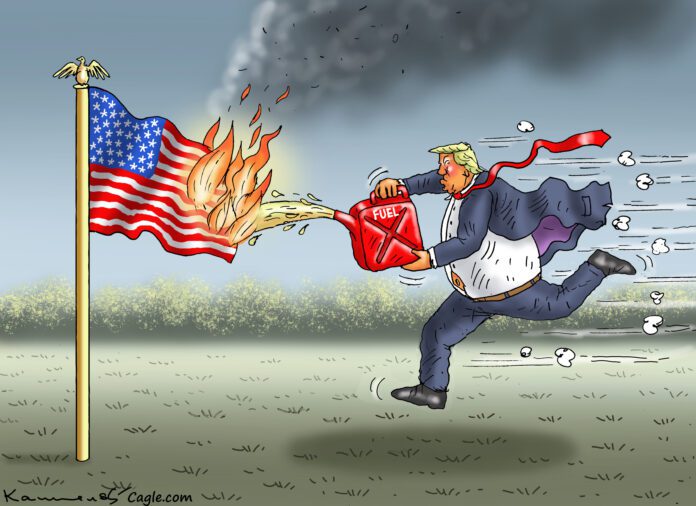Is This OK? An image of the American flag on fire, while President Donald J Trump runs to