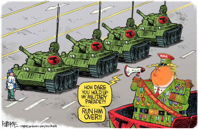 296771 In a spoof of the iconic images out of Tiananmen Square, a military parade for President Trump is stopped by a single man in a t-shirt reading,