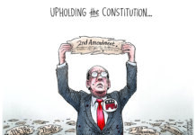 A caption across the top reads, "Upholding The Constitution." A Republican congressman, denoted by an Elephant button, wears a suit spattered with blood. He is holding only one scrap of the Constitution: The 2nd amendment.
