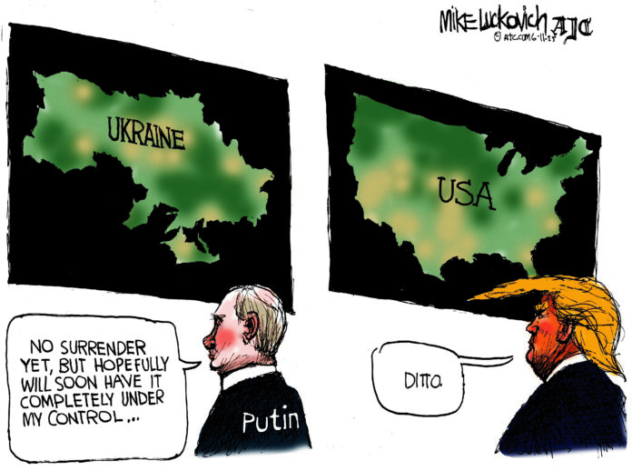 An image of Donald Trump and Vladimir Putin looking at maps - Putin's is of Ukraine, while Trump's is of the United States. Putin has a speech bubble reading, 