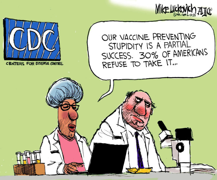 Two CDC employees sit behind a desk holding a laptop, a microscope, and test tubes. A speech bubble attached to the one on the left reads, “Our vaccine preventing stupidity is a partial success. 30% of Americans refuse to take it…”